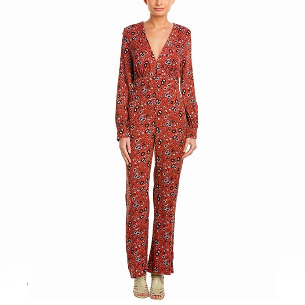 Free People Orange Rust Floral Jumpsuit Boho Long Sleeve Wide Leg Romper Smal